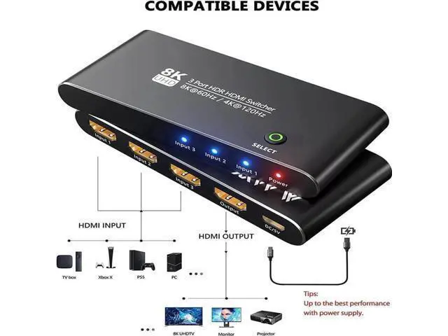 Alt view image 4 of 7 - Aluminum Shell HDMI 2.1 Switch 3 in 1 Out, Directional 8K@60Hz 4K@120Hz 1440P@165Hz 1080P@240Hz HDMI Switcher, 48Gbps High Speed eARC Converter with Remote Control, Compatible with PS5 Xbox Series X