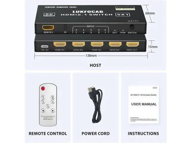 Alt view image 2 of 7 - 5 in 1 Out HDMI 2.1 Switch 8K@60Hz, 5 Port HDMI Switcher Selector Box with Remote Control, 4K@120Hz 48Gbps HDMI 5x1 Switch Support HDR 10+ HDCP 2.3 3D for PS5 Xbox Series X Nintendo Switch Laptop