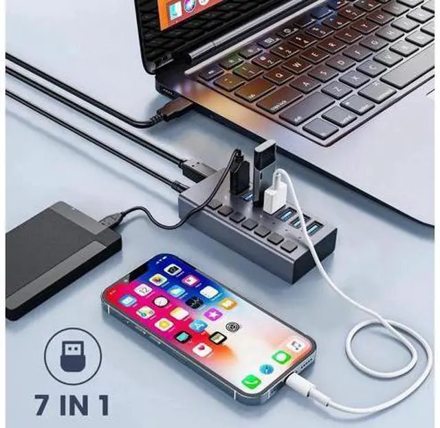 Alt view image 7 of 7 - 36W 7-Port USB 3.0 Hub, Aluminum Alloy USB Splitter with Independent On/Off Switches, 5Gbps High-Speed Data Transfer, 12V/3A Power Adapter, Compatible with Laptop, PC, External Mobile HDD