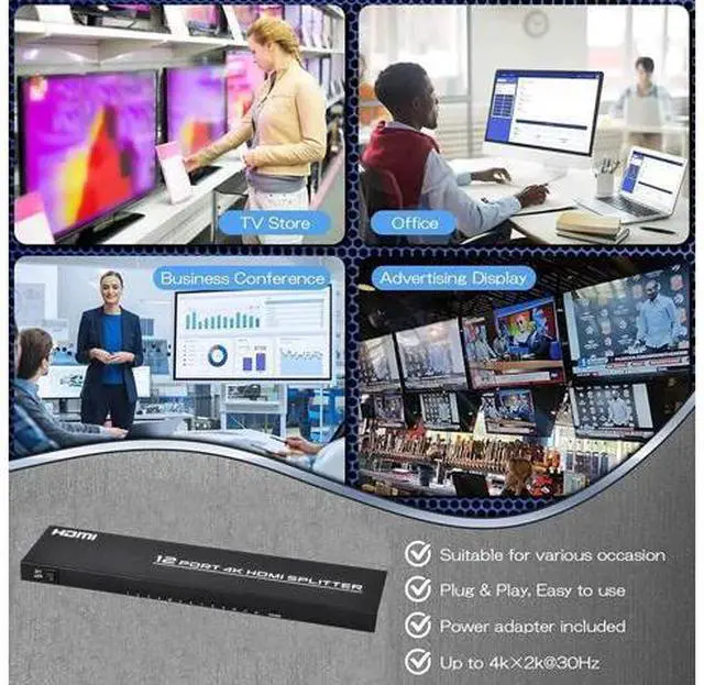 Alt view image 4 of 7 - 1 in 12 Out HDMI Splitter, 4K@30Hz Powered Mirror Video Duplicator Distributor, Support 3D 4K for Sports Matches, Exhibitions and TV Retail Stores