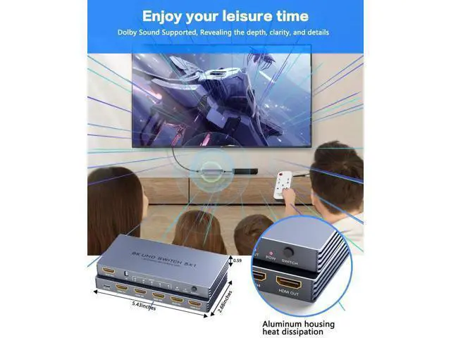 Alt view image 2 of 7 - 5 in 1 Out HDMI 2.1 Switch with Remote, New Upgrade 8K@60Hz 4K@240Hz HDMI Port Expander, Support 3D HDR HDCP2.3, Compatible with PS5 PS4 Xbox Nintendo Switch Roku Apple TV Fire Stick