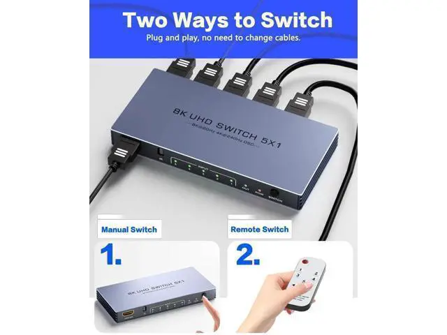 Alt view image 6 of 7 - 5 in 1 Out HDMI 2.1 Switch with Remote, New Upgrade 8K@60Hz 4K@240Hz HDMI Port Expander, Support 3D HDR HDCP2.3, Compatible with PS5 PS4 Xbox Nintendo Switch Roku Apple TV Fire Stick