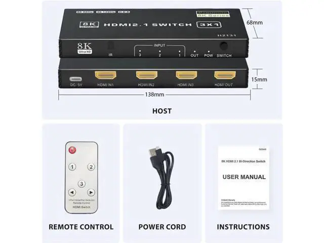 Alt view image 7 of 7 - HDMI 2.1 Switch 3 in 1 Out, 8K@60Hz 4K@120Hz HDMI Switcher with HDCP 2.3 HDR10 CEC Auto Switching, Compatible with PS5 Xbox Series X/S NS PC DVD HDTV