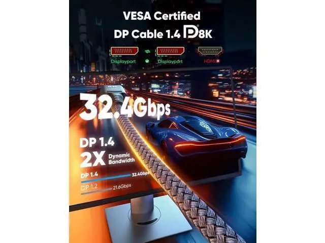 Alt view image 7 of 7 - 35FT Grey Braided DisplayPort 1.4 Cable 32.4Gbps, 8K@60Hz 4K@144Hz 2K@240Hz HDR FreeSync G-Sync High Speed Gaming DP Cable for Monitor PC Graphics Card