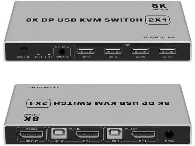 Alt view image 2 of 6 - 2-Port Dual DP 1.4 KVM Switch, 8K@60Hz 4K@144Hz USB KVM Switch for 2 Computers Share 1 Monitor, Plug & Play, Supports Keyboard Mouse, Ultra HD Display Switcher for Laptop/PC/Gaming Console