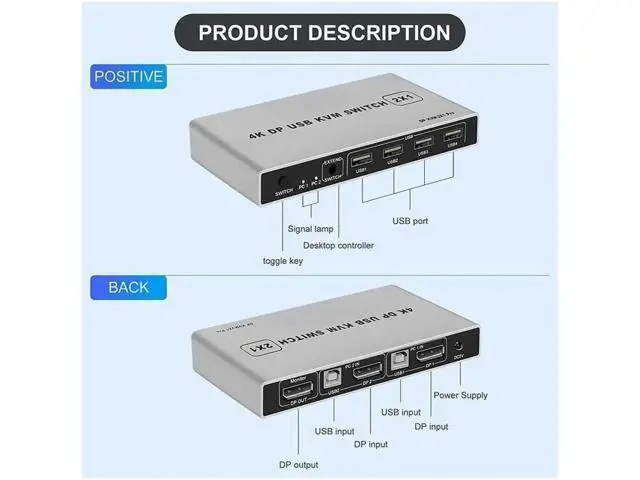 Alt view image 3 of 6 - 2-Port Dual DP 1.4 KVM Switch, 8K@60Hz 4K@144Hz USB KVM Switch for 2 Computers Share 1 Monitor, Plug & Play, Supports Keyboard Mouse, Ultra HD Display Switcher for Laptop/PC/Gaming Console