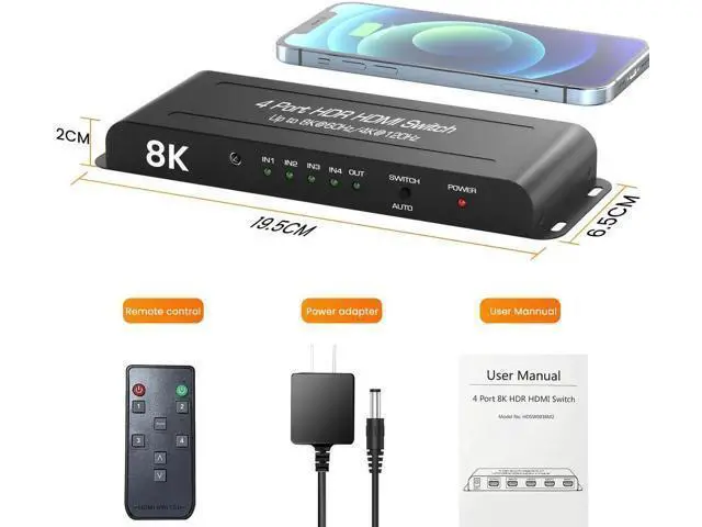 Alt view image 7 of 7 - 4 in 1 Out 8K HDMI 2.1 Switch with IR Remote, 4 Port HDMI Switcher Selector Support 8K@60Hz 4K@120Hz Auto Switch HDCP 2.3 HDR10+ VRR CEC, Compatible with Xbox PS5 Fire Stick Projector