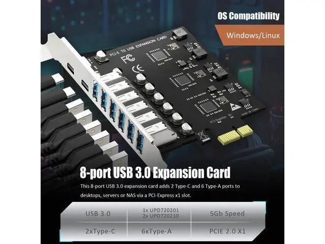 Alt view image 6 of 7 - U6A2C 8-Port PCIe USB 3.0 Expansion Card, 2 Type-C + 6 Type-A 5Gbps Desktop PCI Express Card, Compatible with Intel AMD ARM Platform, Support Windows Linux Not Mac OS