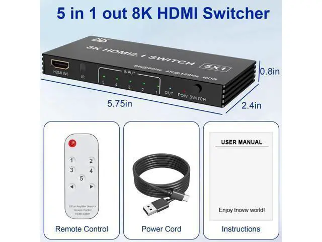 Alt view image 5 of 7 - 5 in 1 Out HDMI 2.1 Switch 8K@60Hz, 4K@120Hz 48Gbps HDMI Switcher with Remote, Support HDR10+ Dolby Vision Atmos HDCP 2.3 CEC, Compatible with PS5 PS4 Xbox TV Game PC Roku