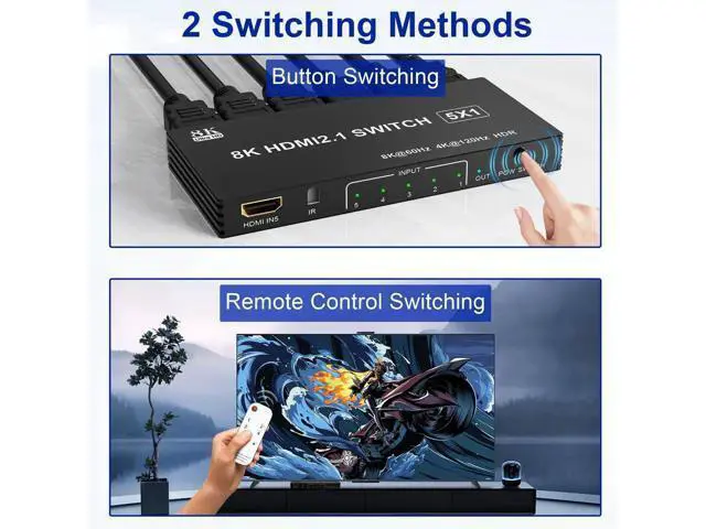 Alt view image 3 of 7 - 5 in 1 Out HDMI 2.1 Switch 8K@60Hz, 4K@120Hz 48Gbps HDMI Switcher with Remote, Support HDR10+ Dolby Vision Atmos HDCP 2.3 CEC, Compatible with PS5 PS4 Xbox TV Game PC Roku