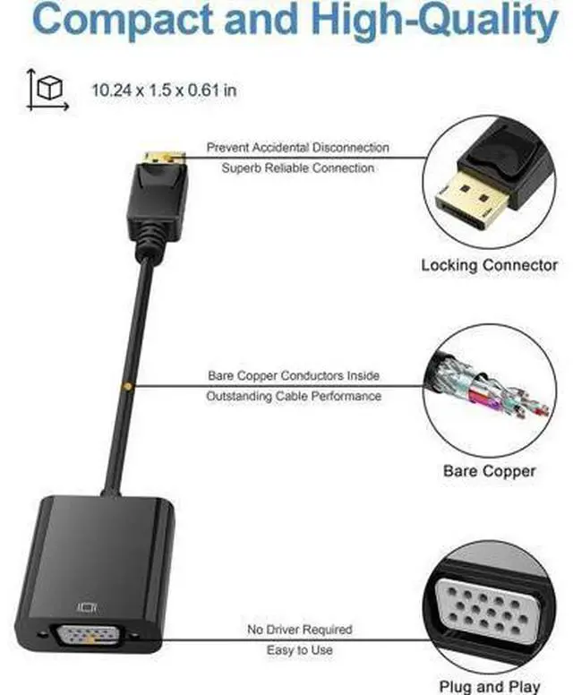 Alt view image 4 of 7 - DisplayPort (DP) to VGA Adapter, Gold-Plated Display Port to VGA Adapter (Male to Female) Compatible with Computer, Desktop, Laptop, PC, Monitor, Projector, HDTV - Black