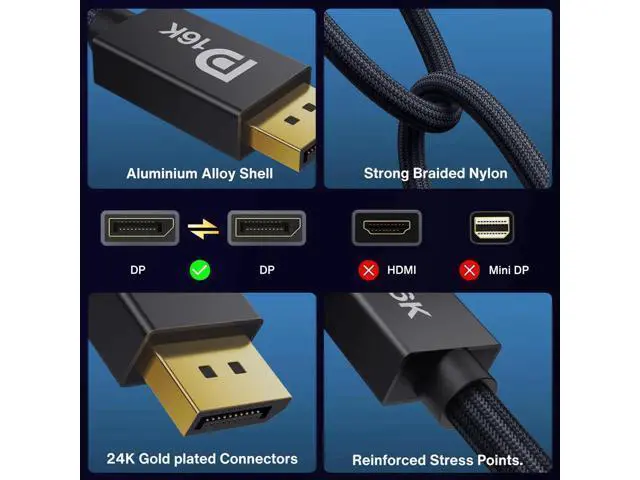 Alt view image 4 of 7 - 15FT DisplayPort 2.1 Cable, 16K@60Hz 8K@120Hz 4K@240Hz Ultra HD DP Cable, Support HDR HDCP 2.2 3D ARC, Compatible with Gaming Monitor HDTV PC Graphics Card