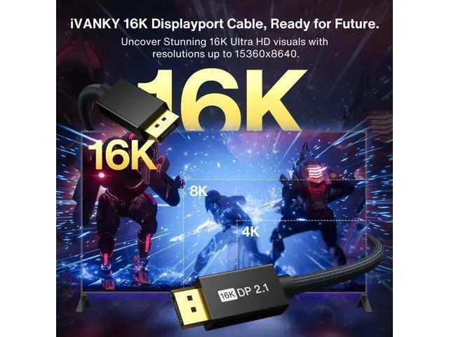 Alt view image 7 of 7 - 15FT DisplayPort 2.1 Cable, 16K@60Hz 8K@120Hz 4K@240Hz Ultra HD DP Cable, Support HDR HDCP 2.2 3D ARC, Compatible with Gaming Monitor HDTV PC Graphics Card