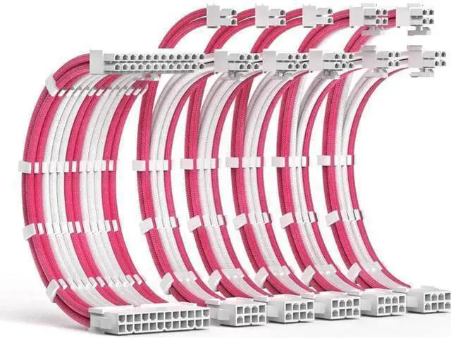 Main image of PSU Cable Extension Kit 30CM Length with Combs,1x24Pin/2x8Pin(4+4) EPS/3x8Pin(6P+2P) PCI-E/PC Sleeved for ATX Power Supply,(White & Pink)