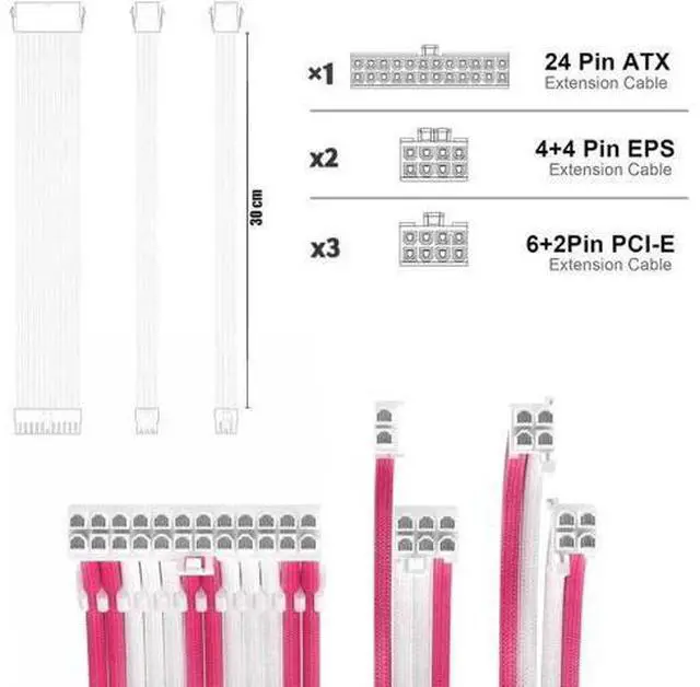 Alt view image 2 of 4 - PSU Cable Extension Kit 30CM Length with Combs,1x24Pin/2x8Pin(4+4) EPS/3x8Pin(6P+2P) PCI-E/PC Sleeved for ATX Power Supply,(White & Pink)
