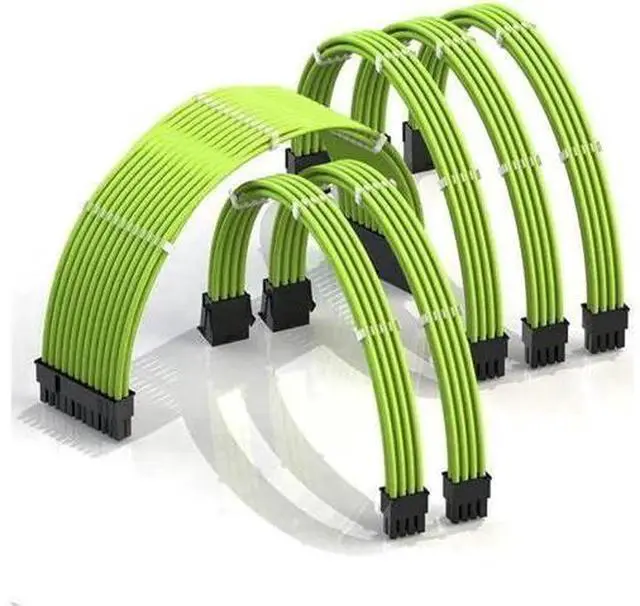 Main image of 30cm Green Braided PSU Extension Cable Kit, Custom Sleeved Mod Power Cable with Cable Combs, 24Pin(20+4) / 4+4 Pin CPU / 6+2 Pin GPU Cables, 300mm PC Power Extension Set Compatible with RTX 3090