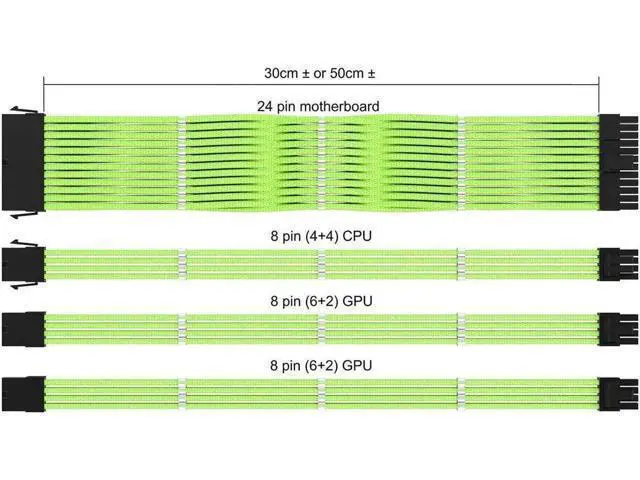 Alt view image 2 of 4 - PSU Cable Extension Sleeved Custom Mod GPU PC Power Supply Braided with Comb Kit, 24P(20+4), 8P(4+4) CPU, 2x8P(6+2) GPU, 30cm 300mm Green
