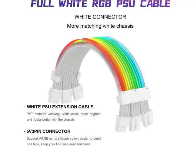 Alt view image 7 of 7 - Full White ARGB GPU Power Extension Cable, 3×8(6+2) Pin Strimmer RGB PSU Cable, 5V 3Pin Sync Custom White PC Chassis Lighting Extension Cord with White Connectors