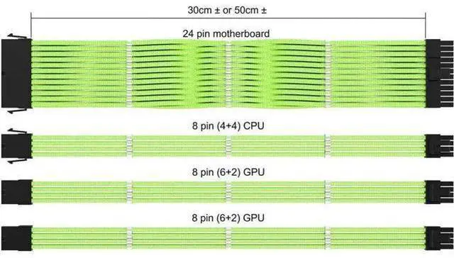 Alt view image 3 of 4 - 30cm Green Braided PSU Extension Cable Kit, Custom Sleeved Mod Power Cables with Cable Combs, 24Pin(20+4) ATX / 4+4 EPS CPU / 2×6+2 PCIe GPU Cables for Themed PC Building