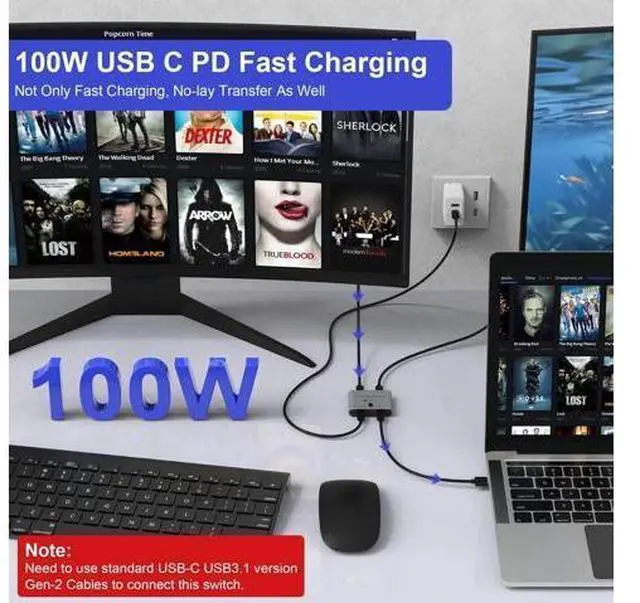 Alt view image 4 of 7 - Bi-Directional USB-C KVM Switch for 2 Computers, 8K@60Hz 4K@144Hz USB-C Switcher Splitter with 100W PD Charging, 10Gbps Data Transfer, Includes Power Cable