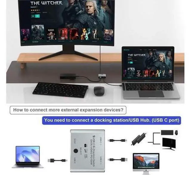 Alt view image 5 of 7 - Bi-Directional USB-C KVM Switch for 2 Computers, 8K@60Hz 4K@144Hz USB-C Switcher Splitter with 100W PD Charging, 10Gbps Data Transfer, Includes Power Cable