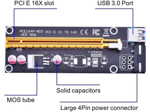 Alt view image 4 of 5 - 6 Pack PCI Express 16x to 1x GPU Riser Adapter, 60cm USB 3.0 Extension Cable with 4-Pin MOLEX to SATA Power Cable for ETH Cryptocurrency Mining