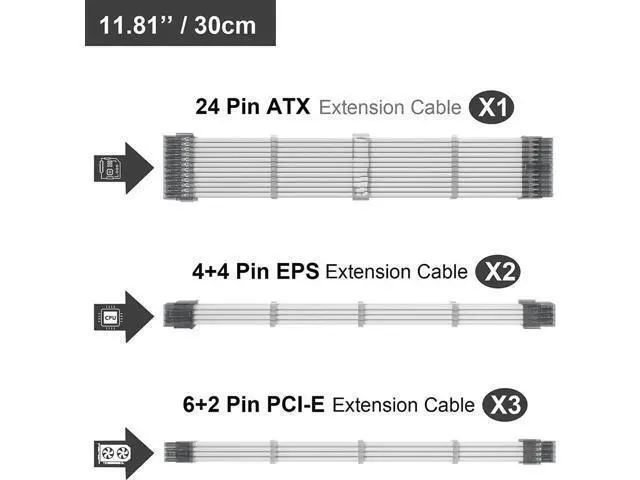 Alt view image 3 of 6 - PSU Extension Cable Kit Custom Sleeved Power Supply Cable Mod for PC Build 18AWG 24Pin ATX /8 (4+4) Pin EPS CPU Cable /8 (6+2) Pin PCI-E GPU PSU Cables 6PCS with Cable Comes White