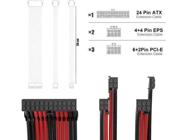 Alt view image 4 of 4 - PSU Cable Extension Kit 30CM Length with Combs,1x24Pin/2x8Pin(4+4) EPS/3x8Pin(6P+2P) PCI-E/PC Sleeved for ATX Power Supply,( Black & Red)