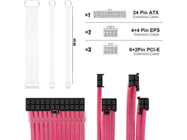 Alt view image 4 of 4 - PSU Cable Extension Kit 30CM Length with Combs,1x24Pin/2x8Pin(4+4) EPS/3x8Pin(6P+2P) PCI-E/PC Sleeved for ATX Power Supply,( Pink)