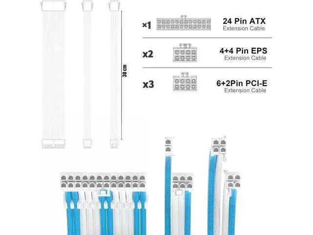 Alt view image 3 of 4 - PSU Cable Extension Kit 30CM Length with Combs,1x24Pin/2x8Pin(4+4) EPS/3x8Pin(6P+2P) PCI-E/PC Sleeved for ATX Power Supply,( White & Blue)