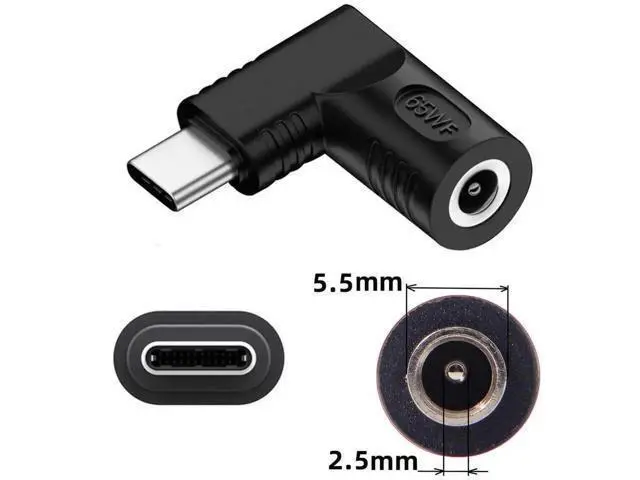 Alt view image 3 of 7 - 65W 90 Degree Right Angle DC 5.5x2.5mm to USB-C PD Power Adapter, 20V DC Barrel Input to Type-C Output Charging Converter Plug