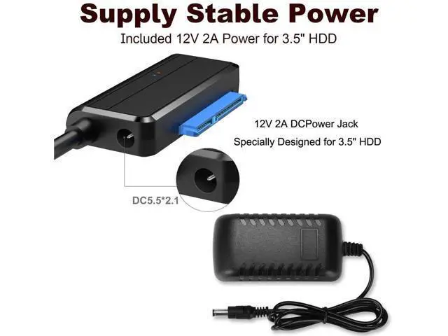 Alt view image 4 of 7 - USB 3.0 to SATA III Hard Drive Adapter Cable with 12V/2A Power Supply, UASP Supported External Converter for 2.5 & 3.5 Inch SATA SSD HDD, Black
