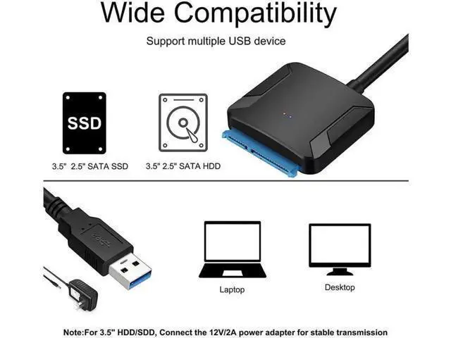 Alt view image 2 of 7 - USB 3.0 to SATA III Hard Drive Adapter Cable with 12V/2A Power Supply, UASP Supported Converter for 2.5" & 3.5" SATA HDD SSD