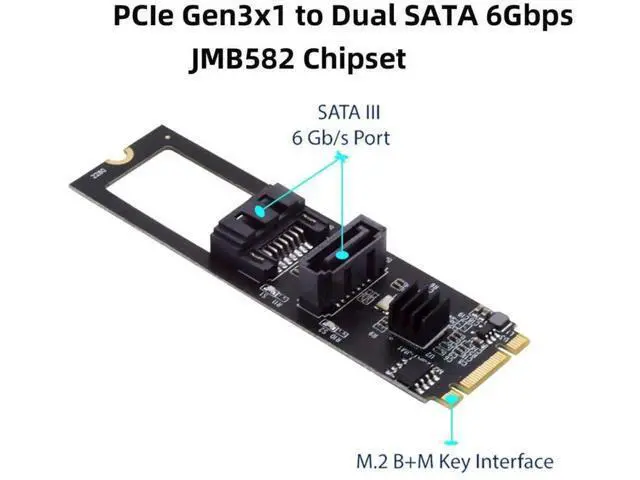 Alt view image 3 of 7 - JMB582 M.2 B+M Key 1 to 2 SATA3 6Gbps Expansion Adapter Card for 2280 NGFF Slot
