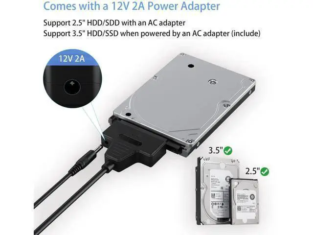 Alt view image 6 of 6 - SATA to USB 3.0 & USB-C Dual Interface Hard Drive Adapter Cable, External Storage Converter for 2.5"/3.5" SSD/HDD, Equipped with 12V/2A Power Supply Adapter
