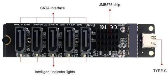 Main image of USB-C to 5-Port SATA III 6Gbps Expansion Adapter with JM575+JMS580 Dual Chips, USB3.2 Gen2 SATA Expander Card, Plug and Play for Desktop & Laptop Storage Expansion
