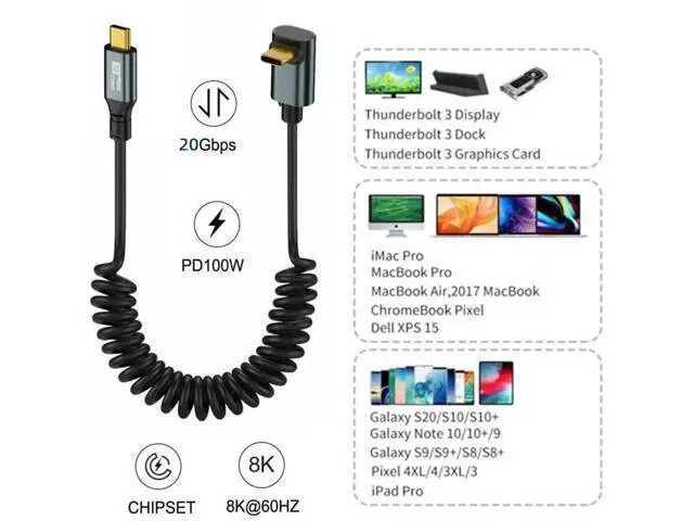 Alt view image 4 of 7 - 6FT Coiled Up-Angled USBC to USBC Cable | USB3.2 Gen2x1 20Gbps, 100W PD, 8K@60Hz Video Transfer Cord