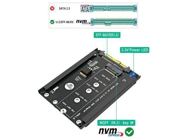Alt view image 3 of 6 - M.2/SATA to U.2 SFF-8639 Adapter, M.2 NVMe (M-Key) + M.2 SATA (B+M Key) SSD Converter with Metal Case, PCIe 3.0 x4 32Gbps Riser Card for Samsung WD Kingston ADATA Intel ZHITAI M.2 SSD