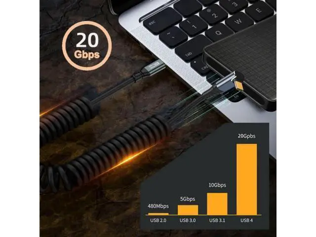 Alt view image 7 of 7 - 6FT Coiled Up-Angled USBC to USBC Cable | USB3.2 Gen2x1 20Gbps, 100W PD, 8K@60Hz Video Transfer Cord