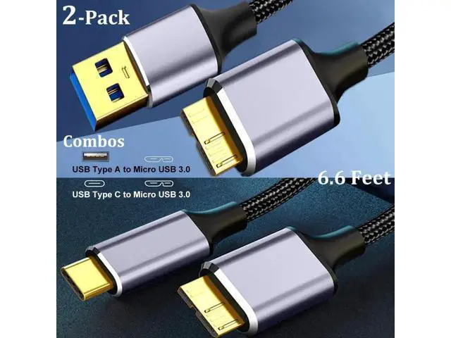 Alt view image 2 of 7 - 2-Pack Nylon Braided USB 3.0 Micro B Cable 6.6FT, USB-A & USB-C to Micro USB B Cord for External Hard Drives & Digital Cameras