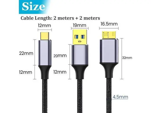Alt view image 5 of 7 - 2-Pack Nylon Braided USB 3.0 Micro B Cable 6.6FT, USB-A & USB-C to Micro USB B Cord for External Hard Drives & Digital Cameras