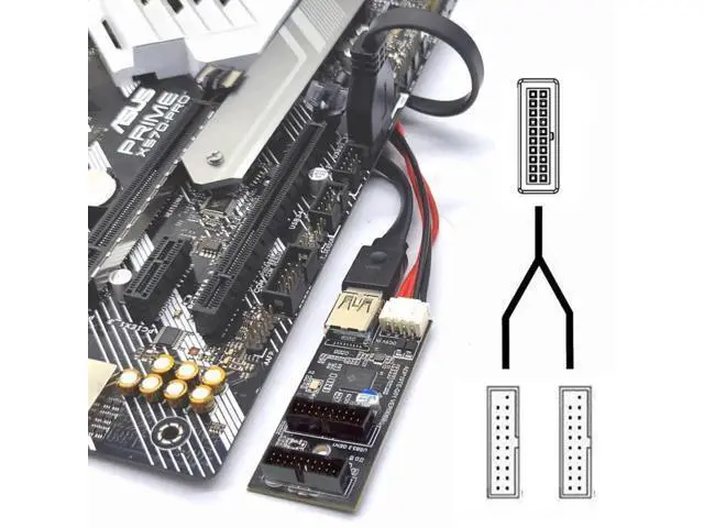Alt view image 2 of 6 - USB 3.0 19/20Pin 1 to 2 Splitter Hub, Internal Port Multiplier PCBA Adapter with SATA Power Cable for Desktop Motherboard