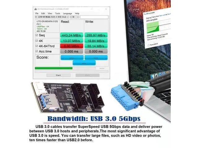 Alt view image 5 of 6 - USB 3.0 19/20Pin 1 to 2 Splitter Hub, Internal Port Multiplier PCBA Adapter with SATA Power Cable for Desktop Motherboard