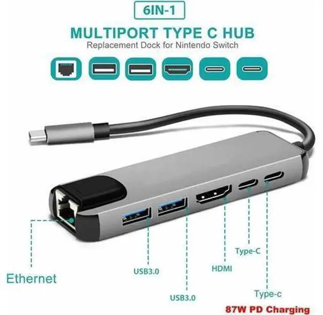 Main image of USB-C Multiport Hub Adapter, 4K@30Hz HDMI, 100Mbps RJ45 Ethernet, 2 USB-A, USB-C Data & 87W PD Charging, Portable Type-C Docking Converter for USB-C Laptops