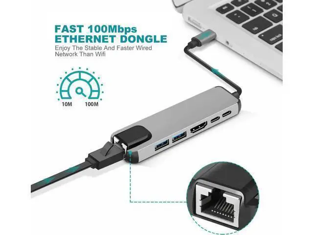 Alt view image 4 of 5 - USB-C Multiport Hub Adapter, 4K@30Hz HDMI, 100Mbps RJ45 Ethernet, 2 USB-A, USB-C Data & 87W PD Charging, Portable Type-C Docking Converter for USB-C Laptops