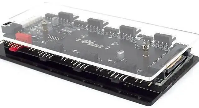 Alt view image 6 of 7 - 8-Port 2-in-1 ARGB PWM Fan Hub, 12V 4Pin to 5V 3Pin ARGB Converter Controller, SATA Powered with PMMA Shell & Magnetic Standoff, Sync Compatible with ASUS/MSI RGB Lighting