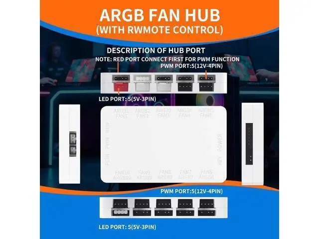 Alt view image 4 of 6 - White 10-Port ARGB PWM Fan Hub, 5V 3Pin + 4Pin Fan Splitter, Magnetic Mount, SATA Powered, RF Remote & Chassis Button Control for PC Case Fans