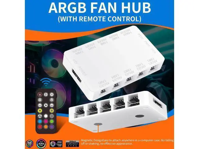 Alt view image 6 of 6 - White 10-Port ARGB PWM Fan Hub, 5V 3Pin + 4Pin Fan Splitter, Magnetic Mount, SATA Powered, RF Remote & Chassis Button Control for PC Case Fans