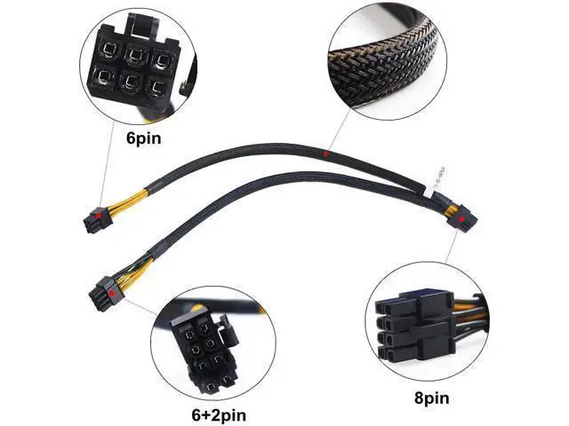 Alt view image 3 of 5 - 30CM 8Pin to 6Pin+8Pin Split GPU Power Cable, PN N08NH 9H6FV J30DG, GPU Splitter Power Cord Compatible with Dell PowerEdge R720 R730 R7910 Workstation Server Graphics Card Power Supply Wire