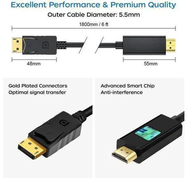 Alt view image 7 of 7 - 2 Pack 6FT 4K DisplayPort to HDMI Male to Male Cable, DP to HDMI Converter Cord for PC, HDTV, Monitor & Projector